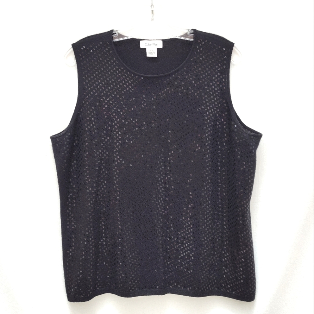 Calvin Klein Black Sequinned Sleeveless Sweater Pullover vest knit top NYE 2X